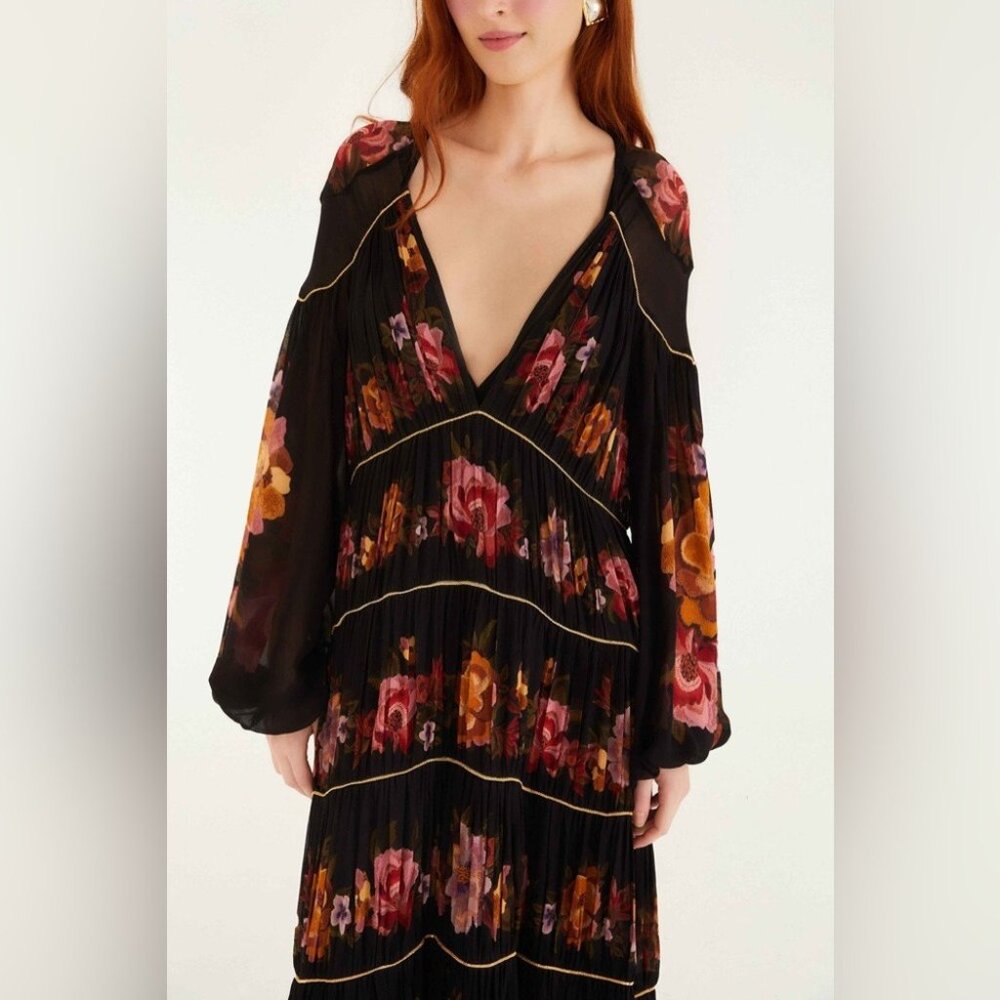 Farm Rio: Black Chenille Flowers Long Sleeve Midi Dress DT - Picture 5 of 10